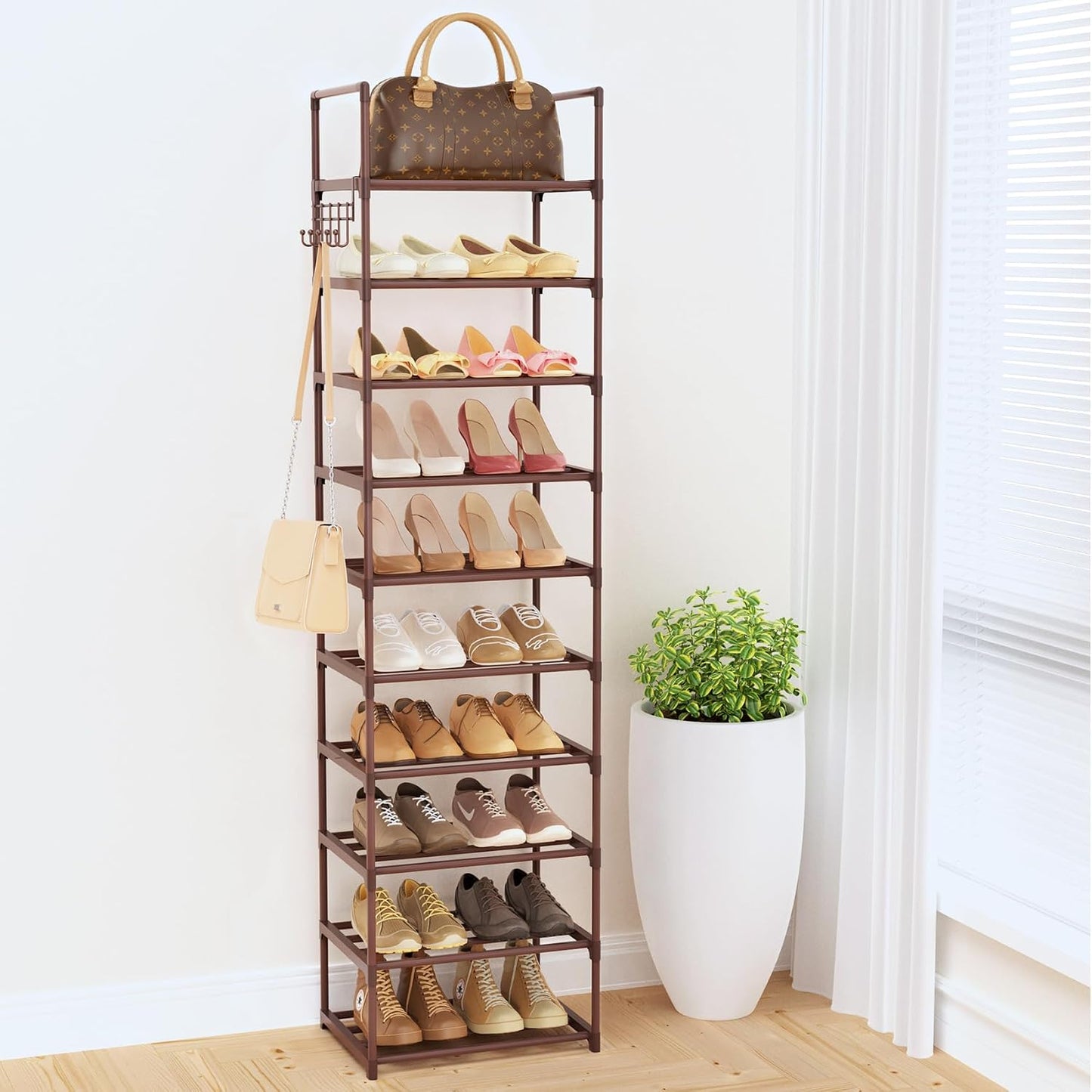 Narrow Shoe Rack 10 Tiers Tall Shoe Rack for Entryway Closet 20 24 Pairs Shoe & Boots Organizer Storage Shelf Durable Black Metal Stackable Shoe Cabinet with Hooks, 17.1D x 11.8W x 78.7H in