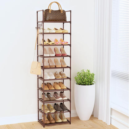 Narrow Shoe Rack 10 Tiers Tall Shoe Rack for Entryway Closet 20 24 Pairs Shoe & Boots Organizer Storage Shelf Durable Black Metal Stackable Shoe Cabinet with Hooks, 17.1D x 11.8W x 78.7H in