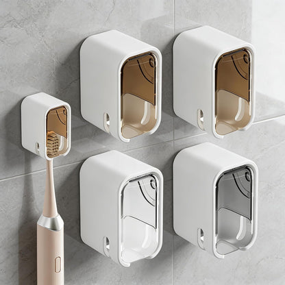 3 Pack Wall Mounted Toothbrush Holder with Lid - Adhesive No-Drill, Clear Acrylic Dust-Proof Cover, Electric Toothbrush Holder Set, Bathroom Organizer for Family Travel