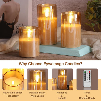 Eywamage Smoke Grey Ribbed Glass Flameless Pillar Candles with Remote, Flickering LED Wax Candles Battery Operated Set of 3