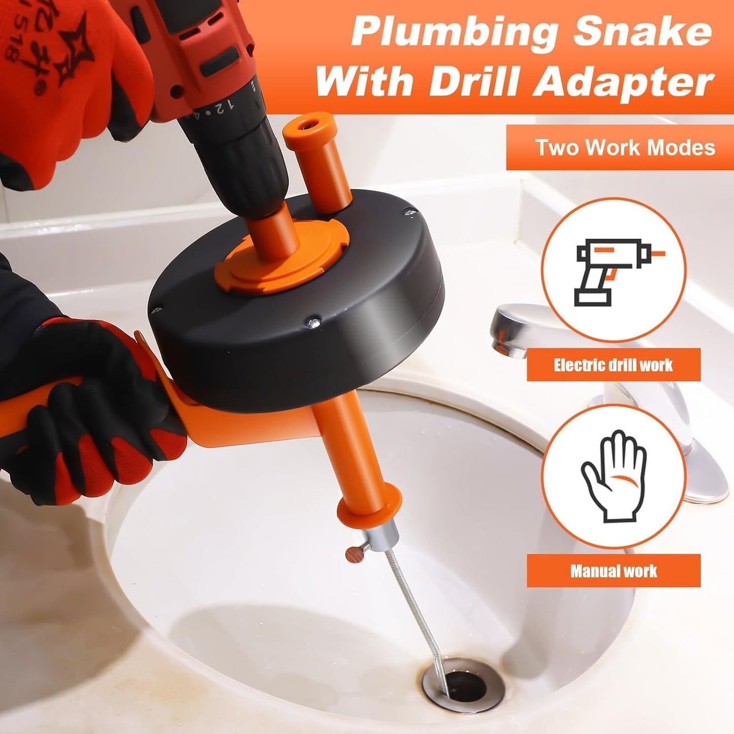 Drain Auger 33ft Drain Clog Remover with Drill Adapter, Flexible Plumbing Snake for Kitchen, Bathroom & Shower Sinks, Hair Clog Remover, Manual or Drill Powered, Full Set Included