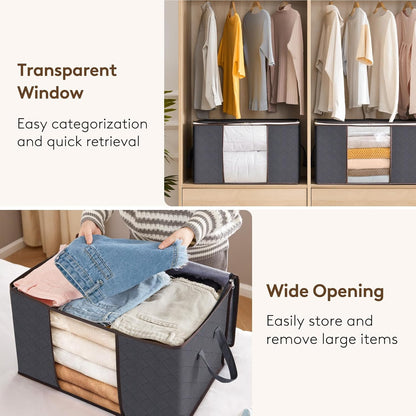 Lifewit 3 Pack 90L Clothes Storage Bins with Lids, Foldable Blanket Storage Bags with Zippers, Clear Window and Reinforced Handles, Closet and Organization for Clothing, Sweater, Comforter, Bedding