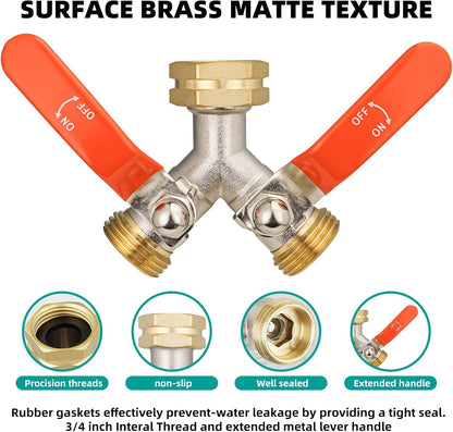 Hose Splitter 2 Way, Brass High Flow Garden Hose Splitter Heavy Duty, Hose Connector, Water Spigot Splitter, Full Flow Faucet Splitters with shutoff, 3/4” GHT Inlet