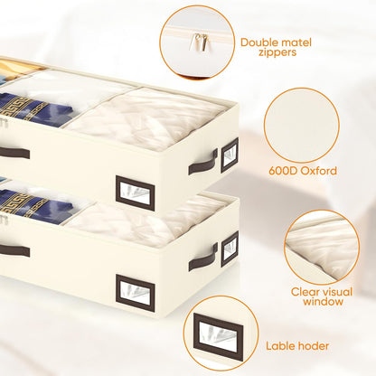 OIAHOMY 2 Pack 53L Under Bed Storage with Adjustable Dividers, 6" Low Profile Underbed Storage Bins for Comforters & Clothes, Save Closet Space with Clear View Lid & Reinforced Handles, Grey
