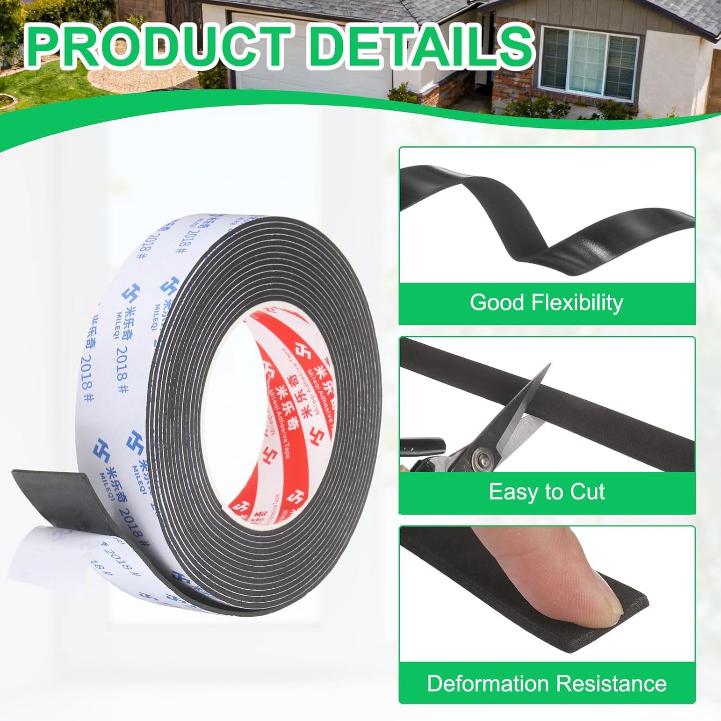 PATIKIL Sponge Rubber Foam Tape, 5/8" W x 1/8" t x 16.4ft l Self-Adhesive Foam Insulation Tape Weather Stripping for Window Door Soundproofing Weatherstrip AC Seal Strip, Black