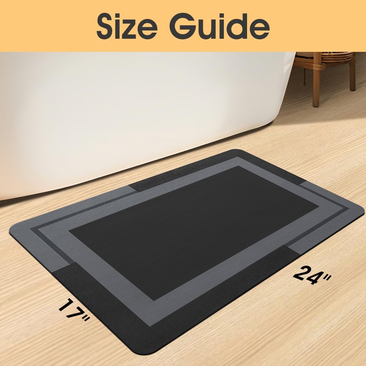 ACCUMTEK Non Slip Bath Mat, Thin Bathroom Rugs Fit Under Door, Quick Dry Bath Mats, Machine Washable Bath Rugs for Bathroom, Bathtub & Kitchen, Grey/Bordered/24 x17