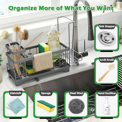 Sponge Holder for Kitchen Sink, Sink Caddy Organizer with Detachable Cloth & Brush Holder, Self-Draining Sponge Caddy Organizer with 360° Rotatable Spout, Kitchen Countertop Storage Accessories(Black)