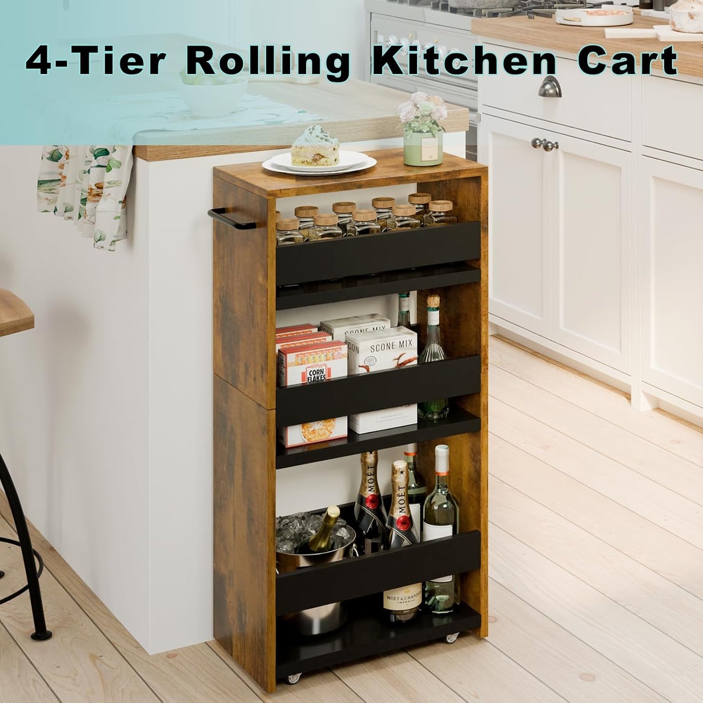 MARTY Slim Rolling Storage Cart 4-Tier Kitchen Cart with Wheels, Laundry Room Storage with Handle Slide Out Utility Cart Shelving Unit Organizer Trolley for Narrow Places Bathroom Small Corner, Black