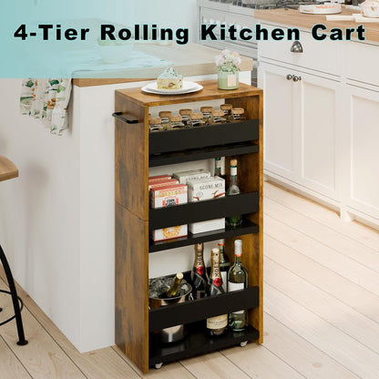 MARTY Slim Rolling Storage Cart 4-Tier Kitchen Cart with Wheels, Laundry Room Storage with Handle Slide Out Utility Cart Shelving Unit Organizer Trolley for Narrow Places Bathroom Small Corner, Black