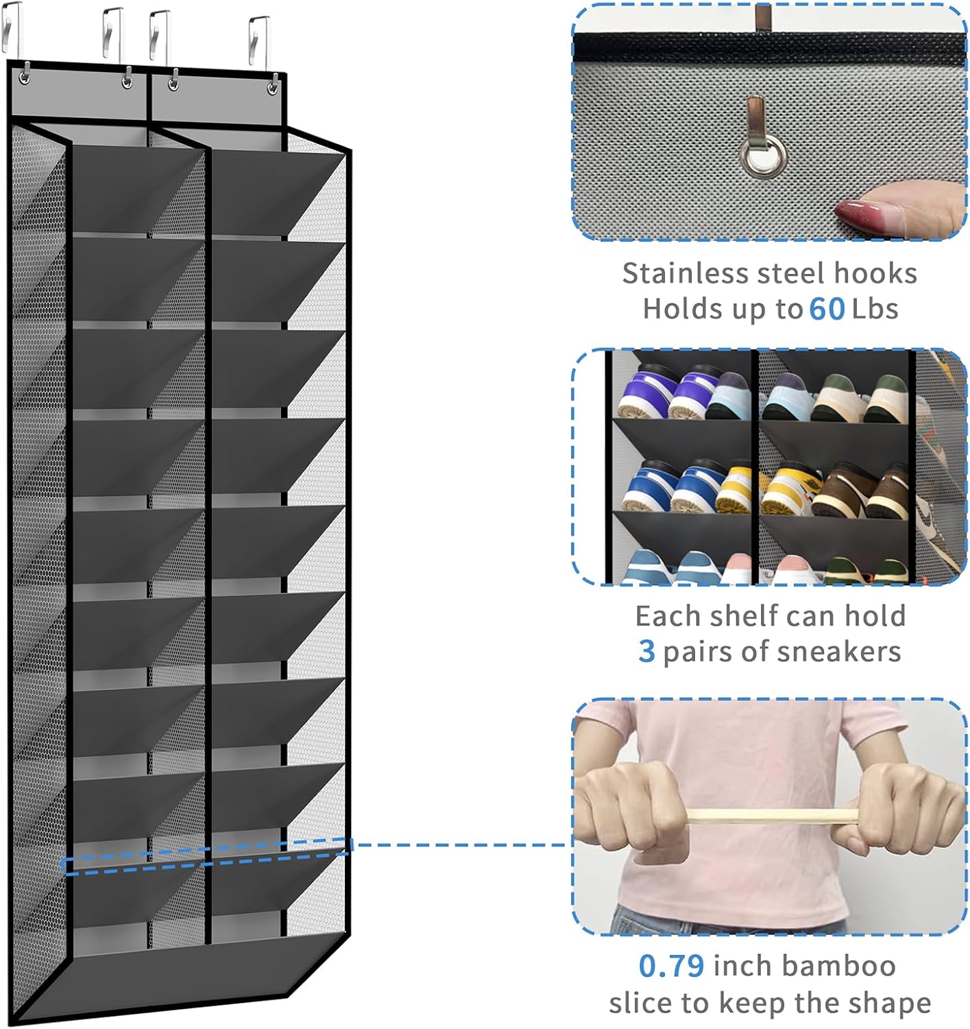 KEEPJOY Over The Door Shoe Organizer,Hanging Shoe Organizer 12 Mesh Pockets Shoe Organizer for Closet,Works Well for Men and Woman Kids Shoes Storage, 57.5×12.6inch(Beige)
