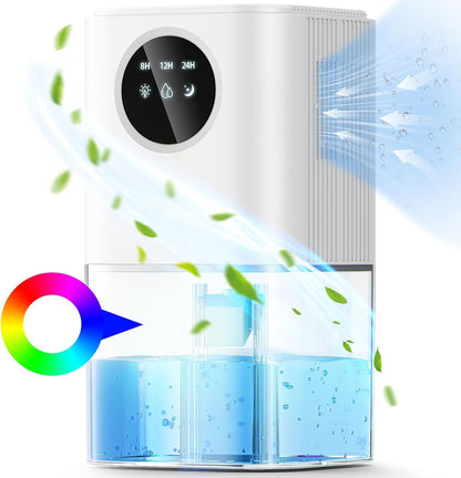 Dehumidifier, 60 OZ Water Tank Dehumidifiers for Bathroom Bedroom with Auto Shut Off & Defrost Timer Sleep Mode and 7 Colors LED Light, Quiet Small Dehumidifiers for Home Room Closet RV (White)