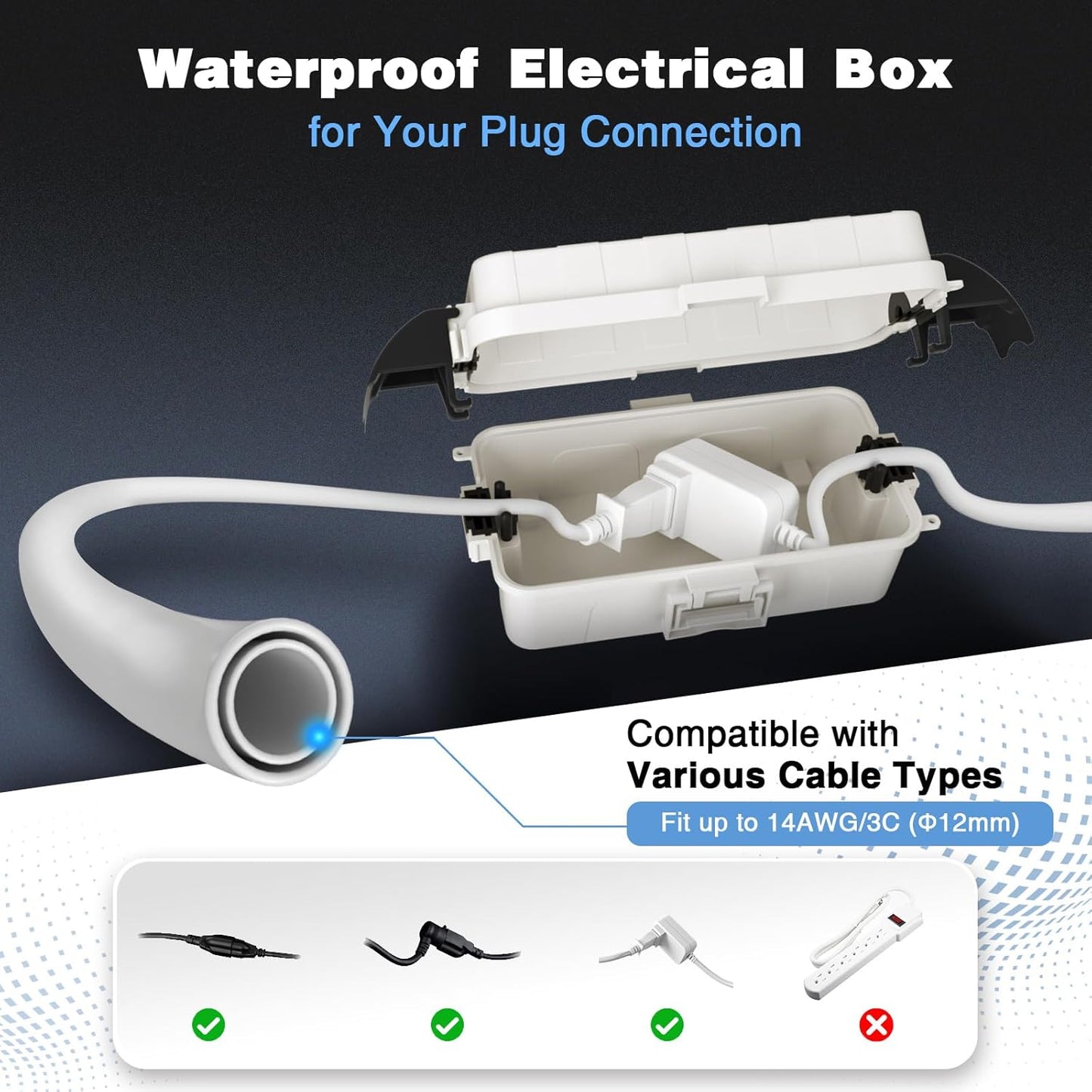 FLEMOON IP55 Outdoor Electrical Box Waterproof with Detachable Awning Covers, 7.1 * 3.9 * 2.4 inch Weatherproof Extension Cord Cover, Easy Installation for Outdoor Plug, Outlet, String Lights, Black