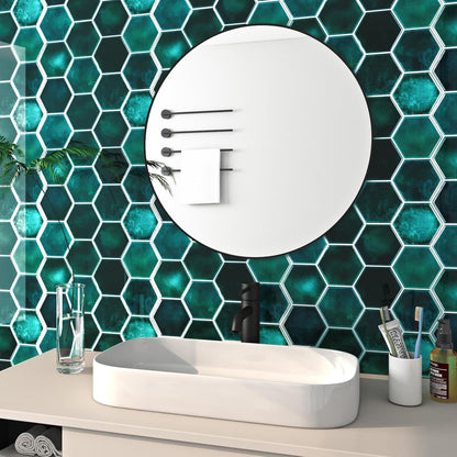 FunStick Dark Green Peel and Stick Backsplash Tile Stickers for Kitchen 12"x12" 3D Hexagon Self Adhesive Wall Tiles Peel and Stick Backsplash Stick on Tile for Bathroom Shower RV Waterproof 5 Sheets