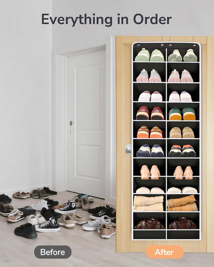 ULG Over The Door Shoe Organizer for Closet Fit 24-32 Pairs with Large Deep Pockets, Narrow Shoe Rack for Door Hanging Boots Storage, Black