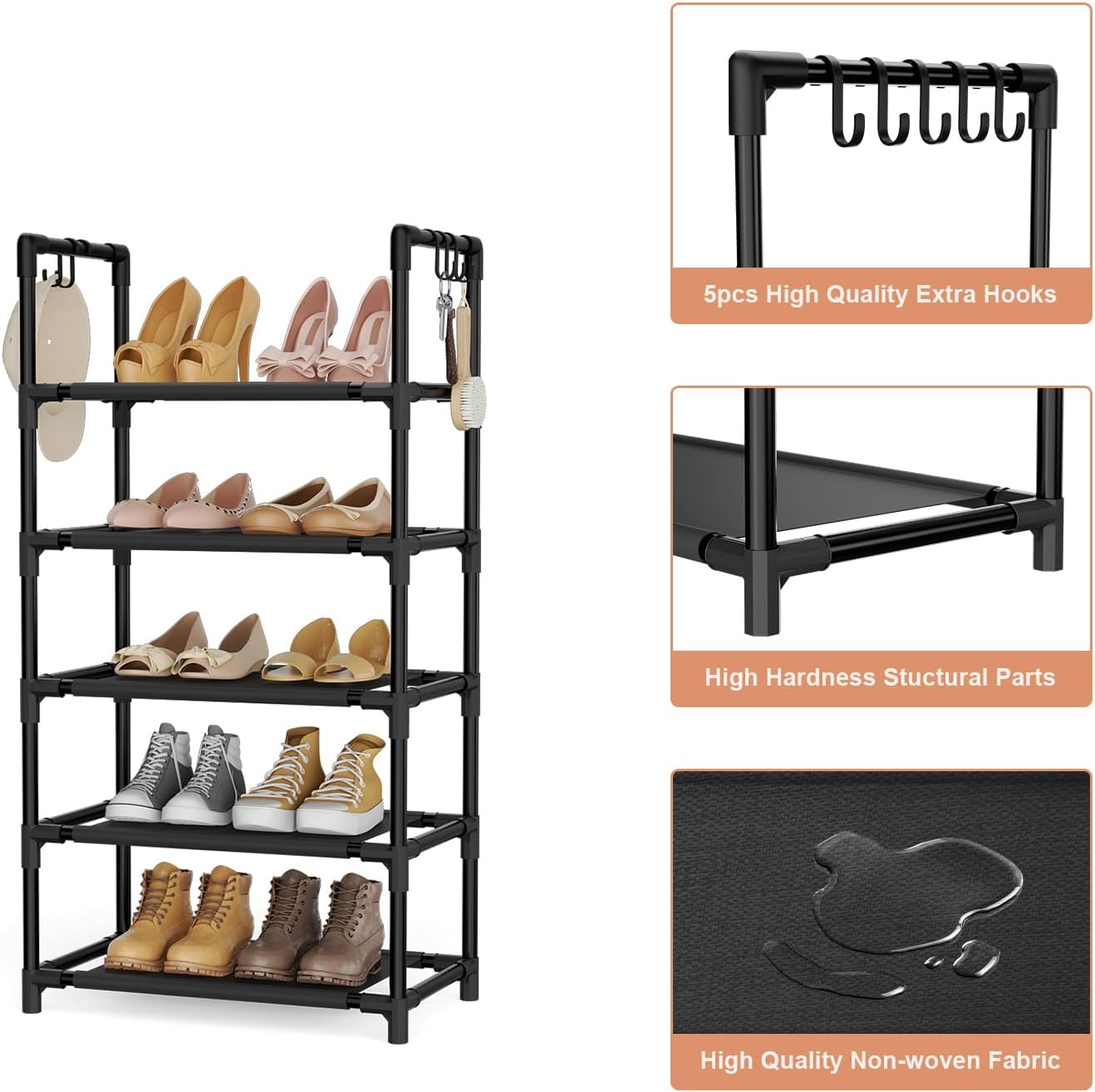 LANTEFUL 10 Tiers Tall Shoe Rack 20-25 Pairs Boots Organizer Storage Sturdy Narrow Shoe Shelf for Entryway, Closets with Hooks, Black