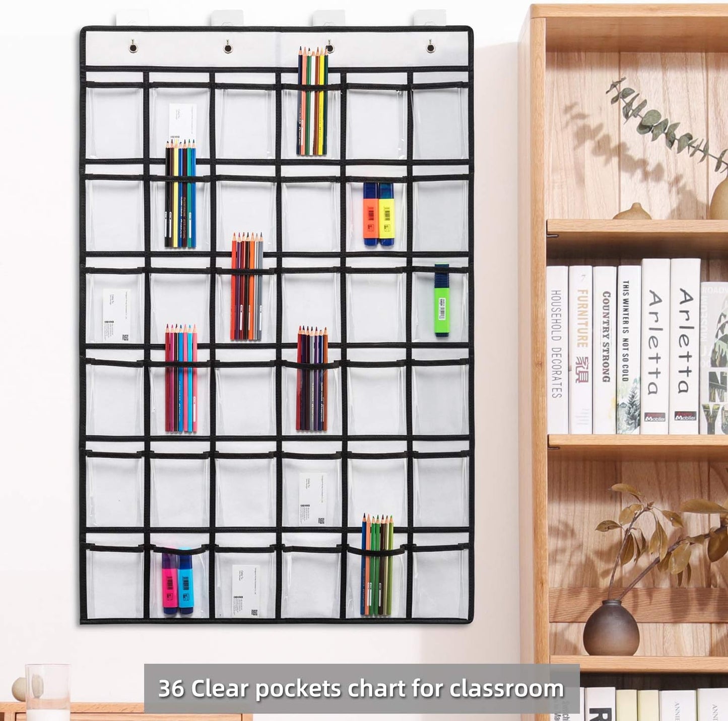 SAVERHO 36 Clear Pockets Classroom Pocket Chart for Cell Phone and Calculator Holder, Door Hanging Pocket Chart for Classroom Phone Holder with Number Sticker and Hooks (Blue)