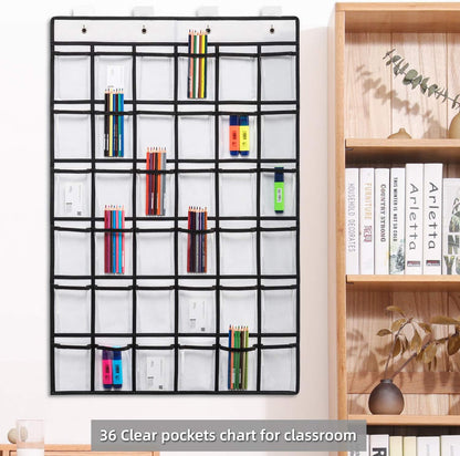 SAVERHO 36 Clear Pockets Classroom Pocket Chart for Cell Phone and Calculator Holder, Door Hanging Pocket Chart for Classroom Phone Holder with Number Sticker and Hooks (Blue)