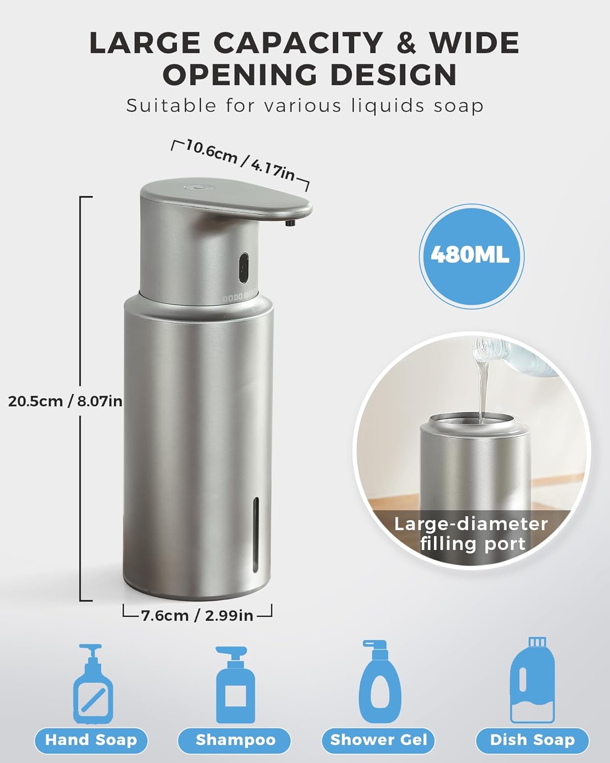 Automatic Liquid Soap Dispenser Touchless, 304 Stainless Steel Bottle Body &16.2oz/480ml Rechargeable, 3 Adjustable Liquid Levels, IPX7 Waterproof, for Kitchen Bathroom, Stainless Steel