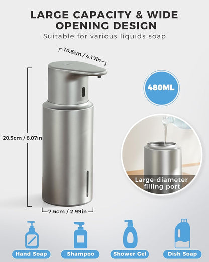 Automatic Liquid Soap Dispenser Touchless, 304 Stainless Steel Bottle Body &16.2oz/480ml Rechargeable, 3 Adjustable Liquid Levels, IPX7 Waterproof, for Kitchen Bathroom, Stainless Steel