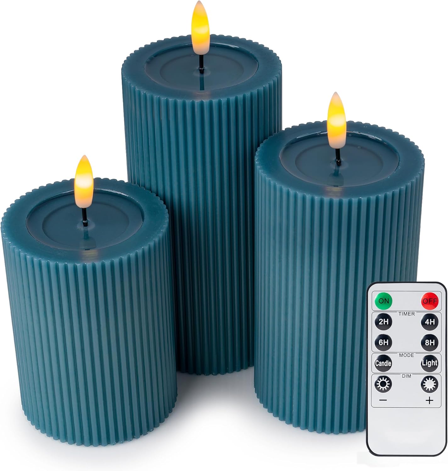 Fluted Ribbed LED Pillar Candles, Cream Beige, with Reflective Melted-Wax Effect – Flickering Flame, Remote, Dimmable, Flameless, Battery Operated, Home & Wedding Decor (Set of 3)