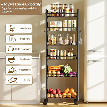 Slim Storage Rolling Cart, 4 Tier Narrow Cart with Wheels, Metal Kitchen Rolling Cart for Small Spaces, Slide Out Storage Shelves for Kitchen, Laundry Room, Bathroom, Living Room, 7.1in(W)