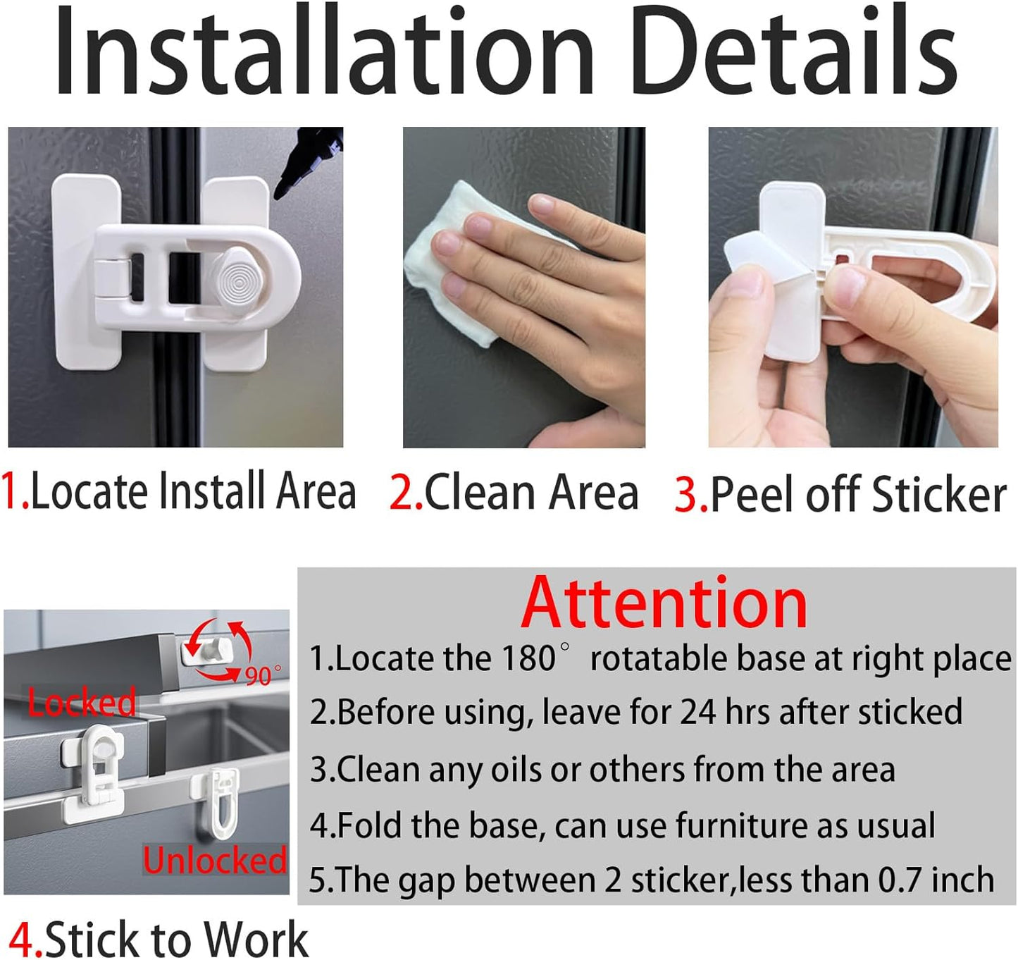 Fridge Lock, 180° Swivel RV Camper French Refrigerator Latch 90 Degree Adhesive No Drill, Baby Proofing Cabinet Freezer Oven, Renter Friendly Childproof Safety Lock for Toddler Cat 2-Pack