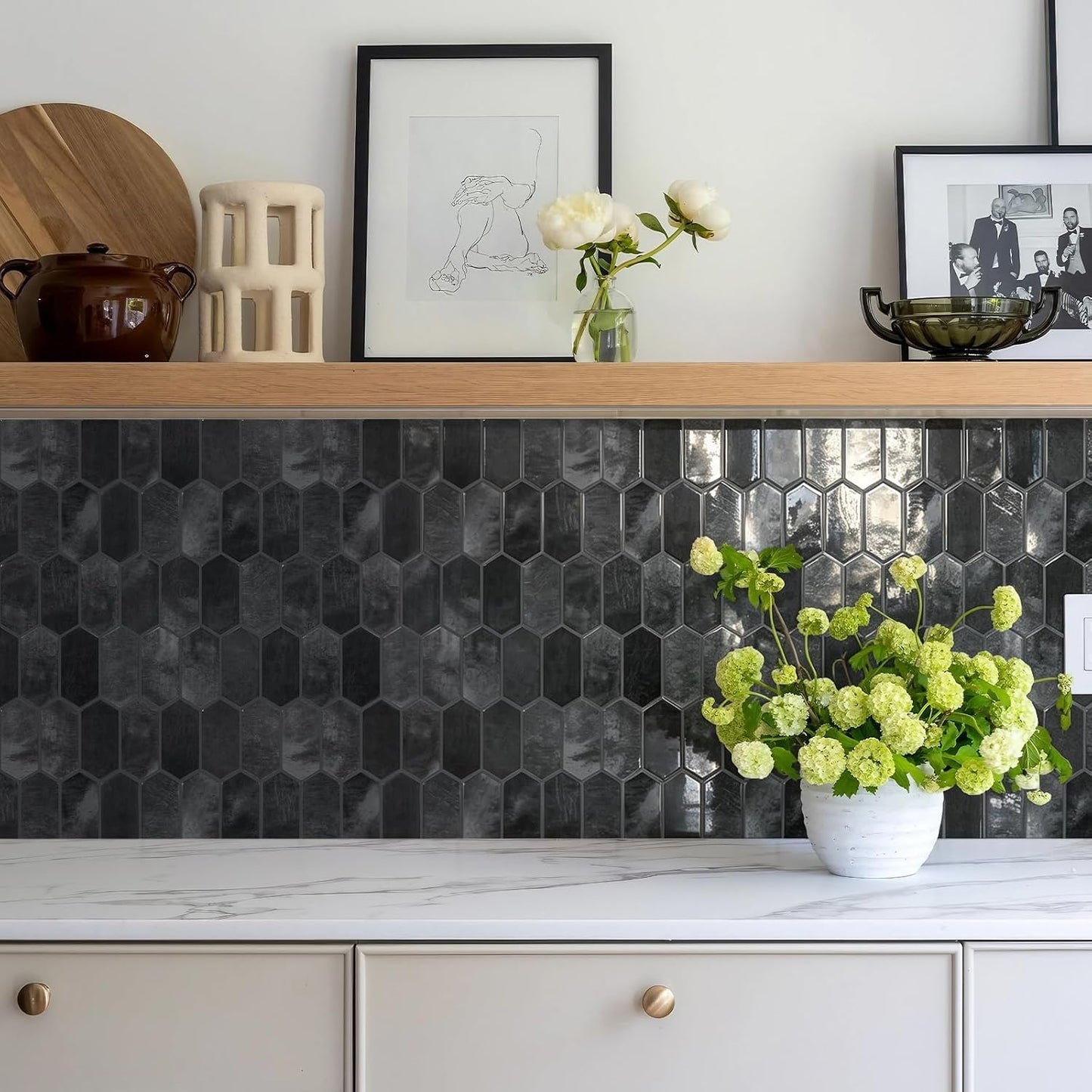 Vamos Tile Upgraded Thicker Design Peel and Stick Backsplash Tile, 10-Sheet Pure White with Gray Grout Long Hexagon Self Adhesive Wall Tiles Stick On Backsplash for Kitchen Bathroom RV Fireplace