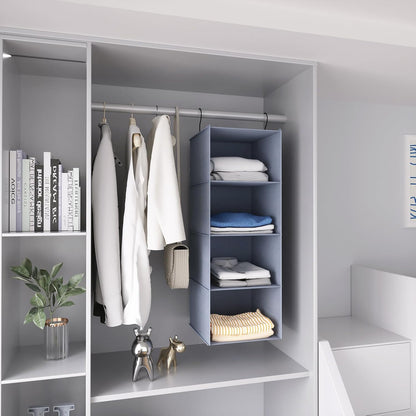 Hanging Closet Organizer 3-Shelf, Oxford Fabric Wardrobe Storage, Gray | Easy-mount foldable design holds clothes, handbags, shoes & accessories; washable Oxford fabric, sturdy and space-saving.