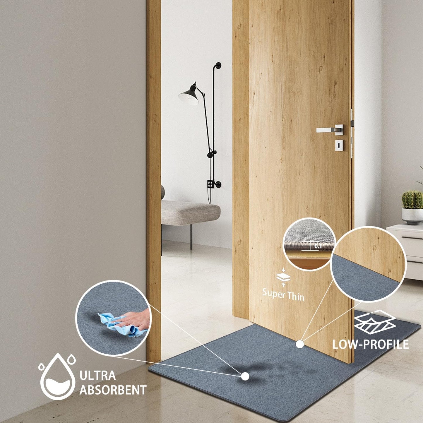 Yancorp 16"x26" Ultra Thin Bathroom Rugs,Low Profile Bath Rug,Rubber mat,Fit Under Door,Non Slip,Machine Washable Shower Rug,Dark Grey