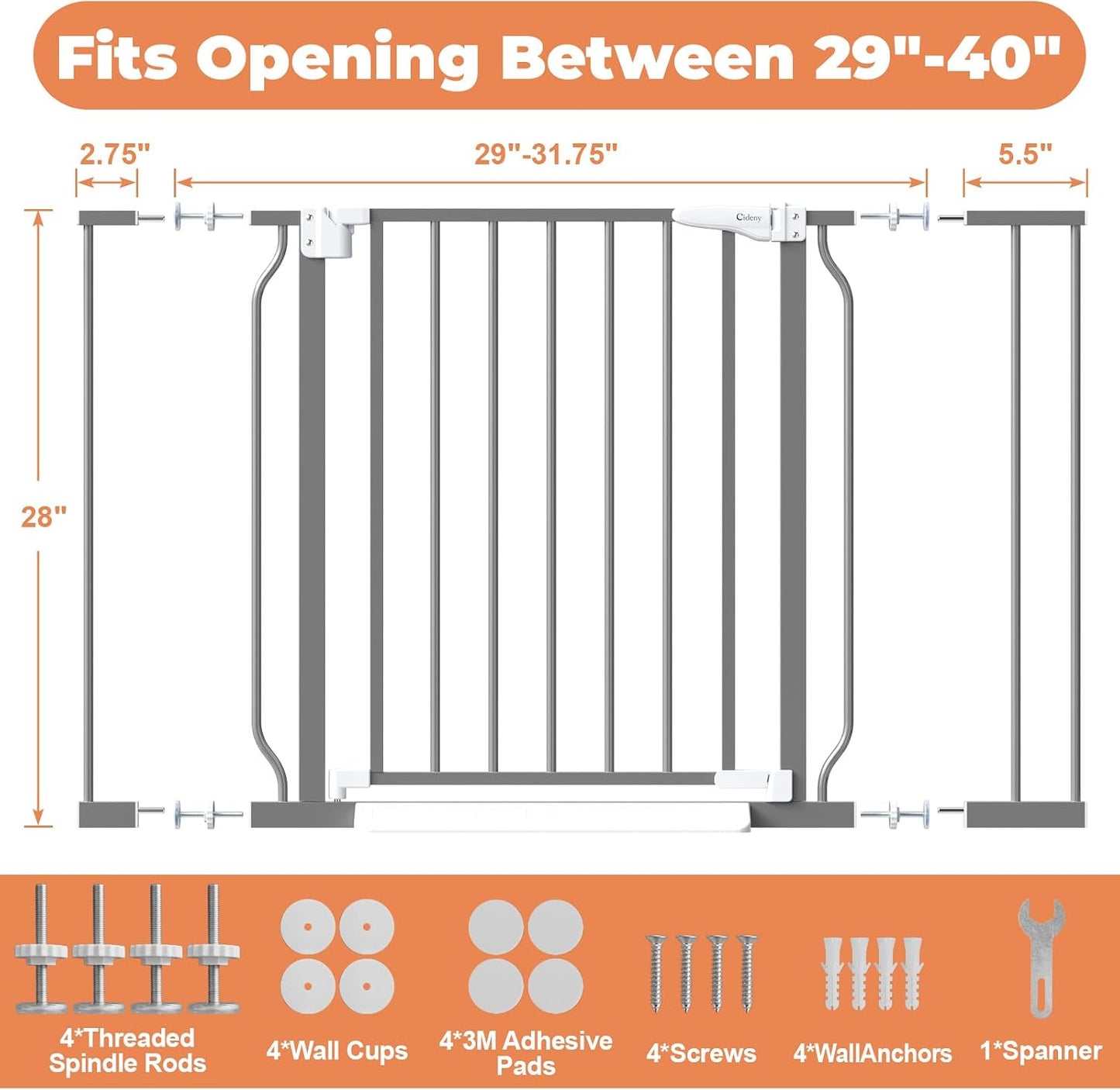 Baby Gate No Drilling, 29"-40" Auto Close Dog Gate Indoor for Doorways & Stairs, Pressure Mounted Adjustable Pet Gate, Easy Walk Through Child Gate for Children & Pets Stroller Friendly, White