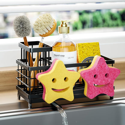 HapiRm Sponge Holder for Kitchen Sink - Self-draining Sink Caddy with Brush and Dishcloth Holders, Stainless Steel Kitchen Countertop Organizers and Storage Essentials - Black