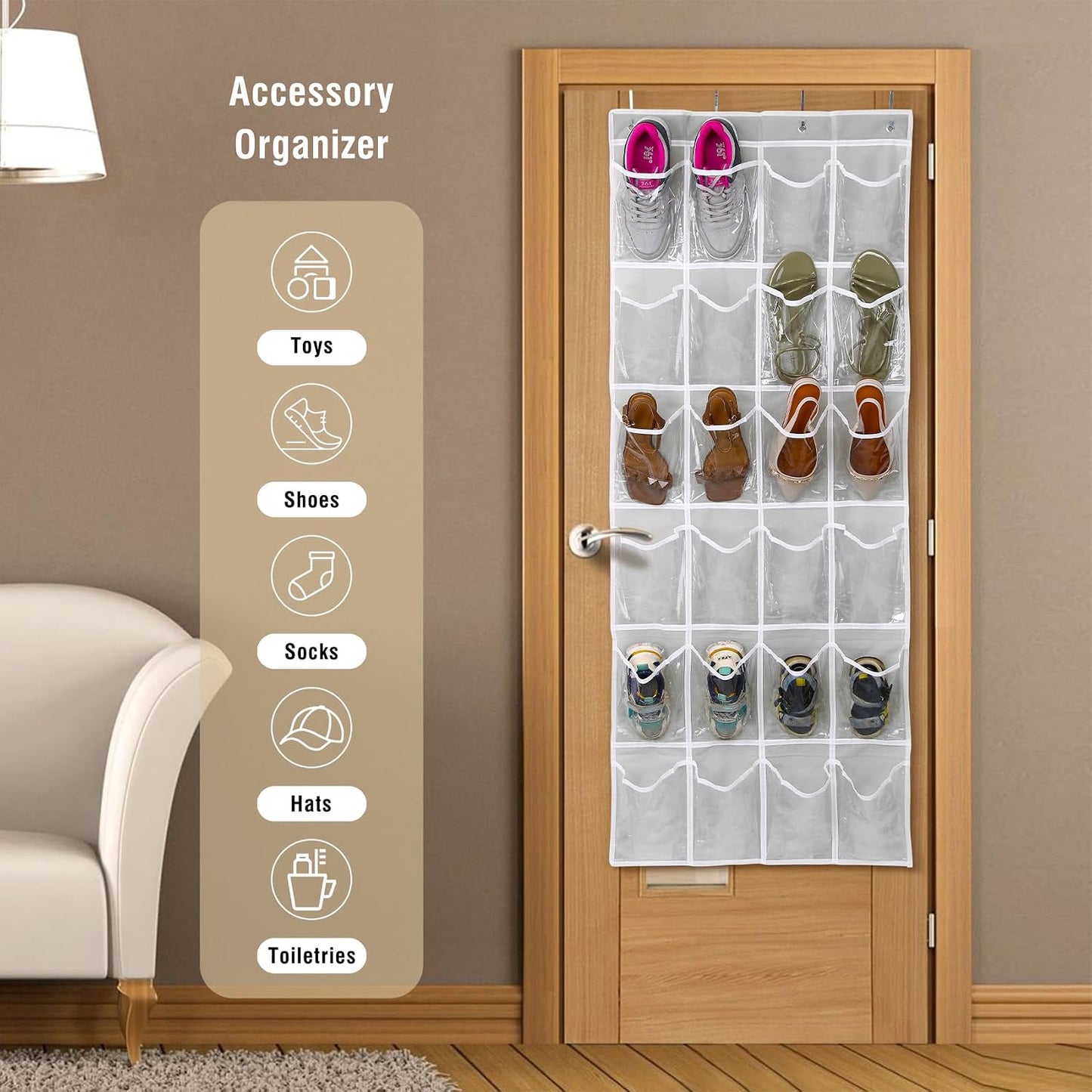GOMAJI Over the Door 24 Pocket Hanging Shoe Organizer, Space Saving Hanging Storage Holder, Gray, (64" X 19")