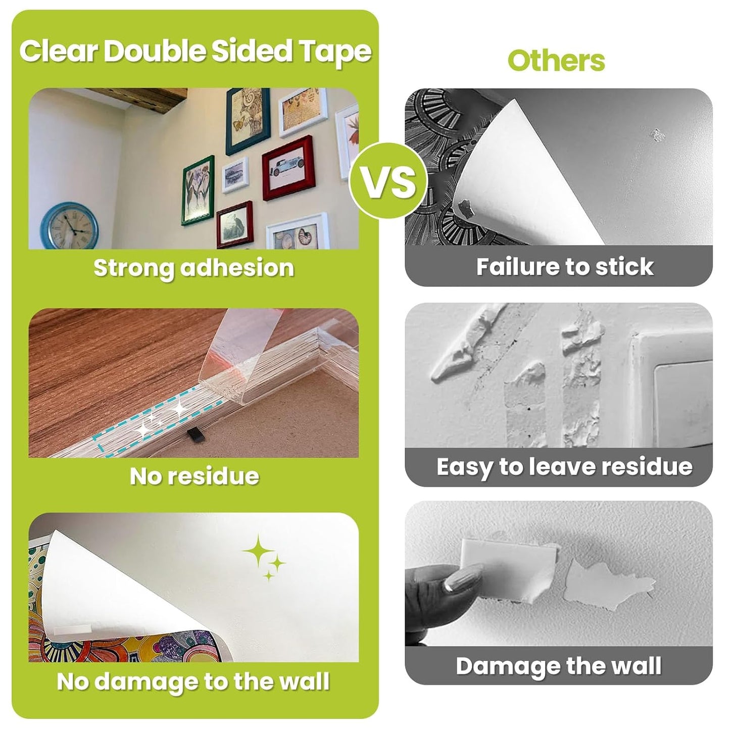 Double Sided Tape Heavy Duty, Removable Nano Double Sided Adhesive Tape, Clear Mounting Tape Picture Hanging Adhesive Strips Waterproof for Walls Photo Crafts Carpet Poster, 0.39" x 16.5FT