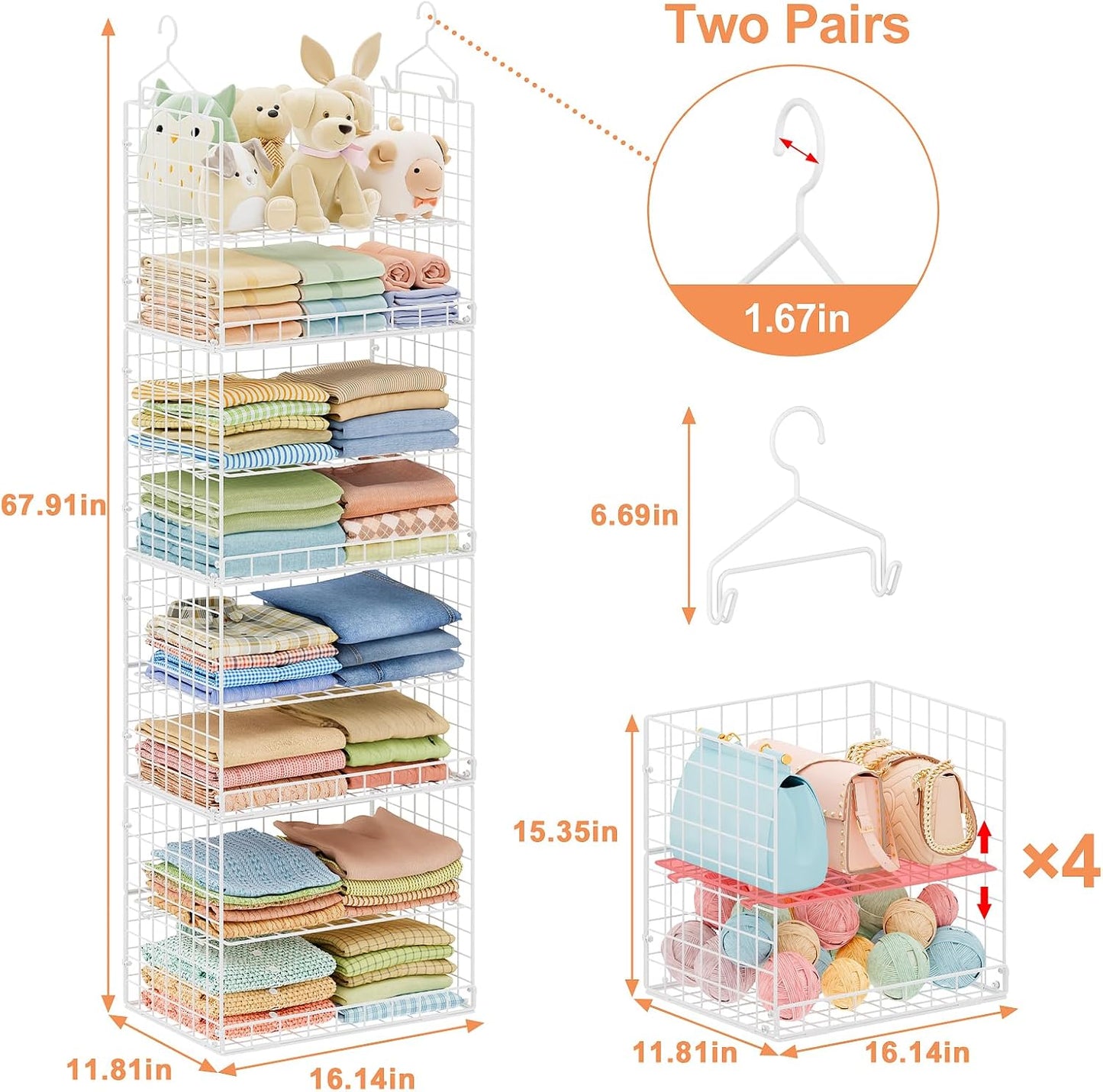 8 Tier Extended Width Hanging Closet Organizer, Sweater Storage for Closet Organizer System, Stackable Wire Basket Bins for Clothes Purse Shoes, Hanging Shelves with 4 Hooks & 4 Dividers Adjustable