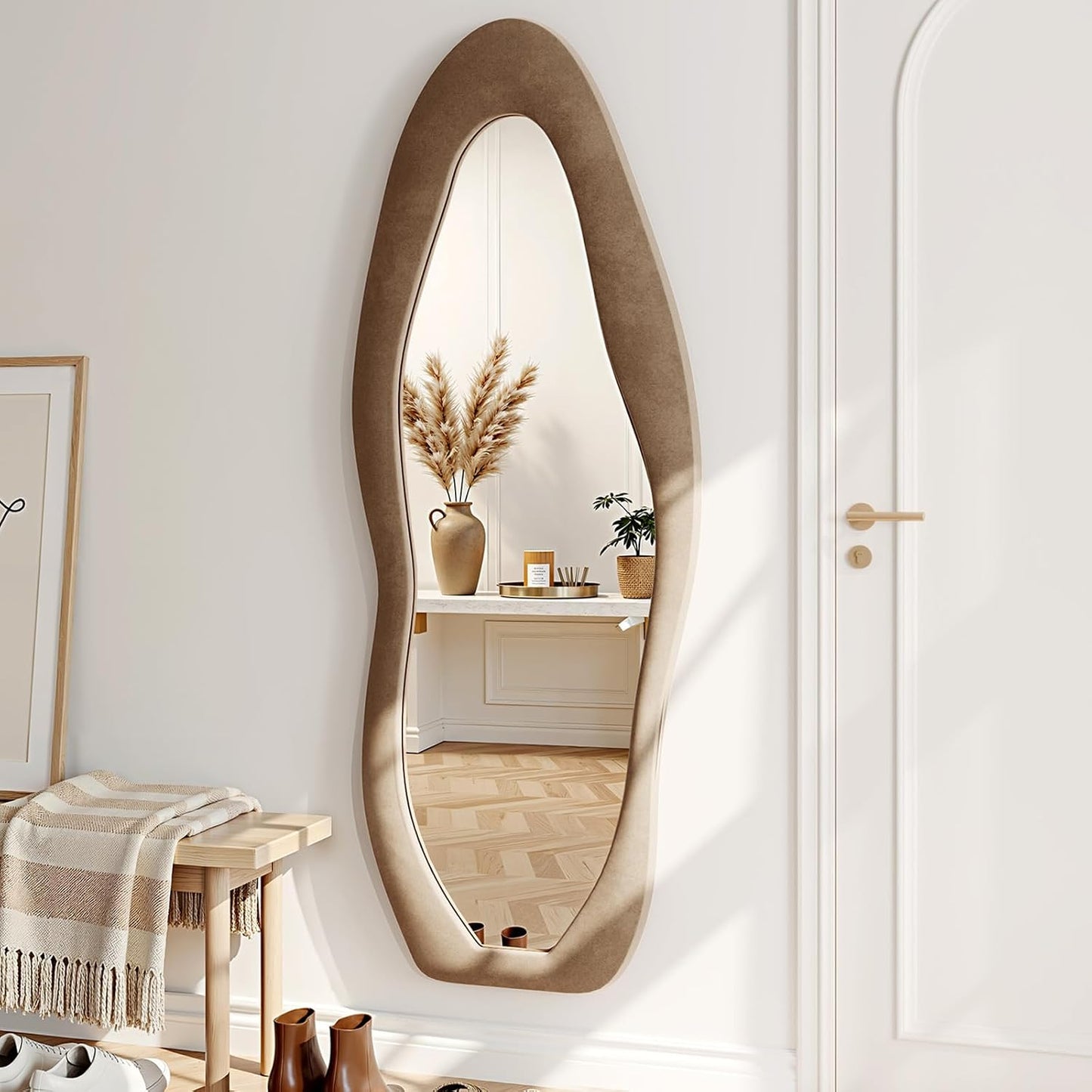 71"x32" Flannel Full Length Mirror, Arched Mirrors Full Length with Stand, Flannel Floor Mirror for Bedroom and Living Room, Full Body Mirror Hanging or Leaning, White