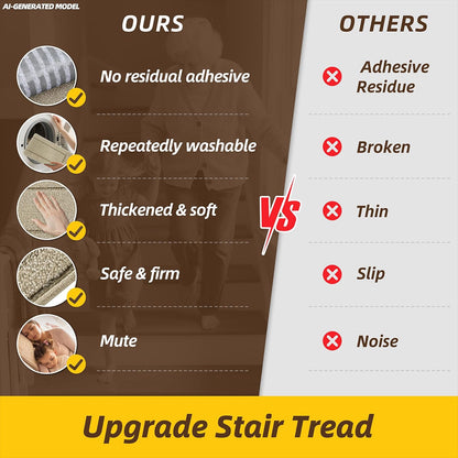 JSEI Stair Treads for Wooden Steps Indoor, 15-Pack Non Slip Stair Treads 30" x 8", Washable Polyester Stair Mats with TPE Backing, Low Profile Stair Rugs for Kids, Seniors and Dogs, Brown