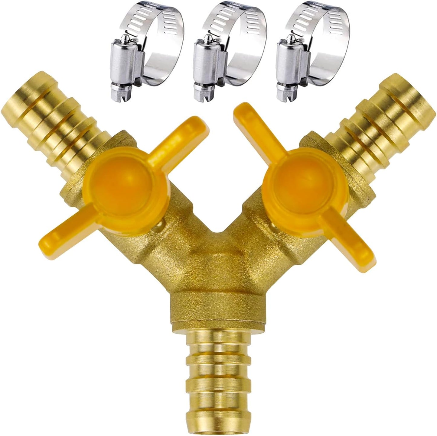 brass 3/4 inch O.D. barb three way shut off ball valve for gas hose air water pvc pex garden tubing fuel line, tee switch splitter fitting