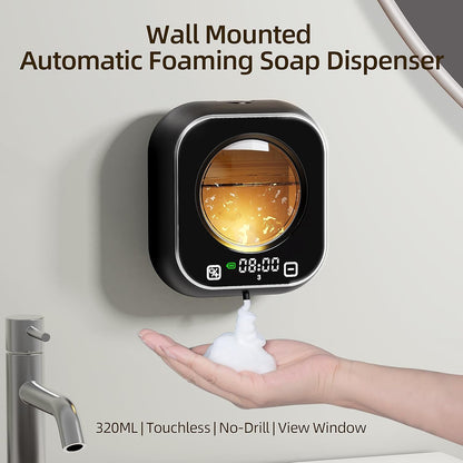 Automatic Foaming Soap Dispenser, Wall Mounted Soap Dispenser, 320ML Electric Smart Touchless Rechargeable, 5 Adjustable Foam Levels, No-Drill Waterproof for Bathroom, Kitchen, Office (Black)