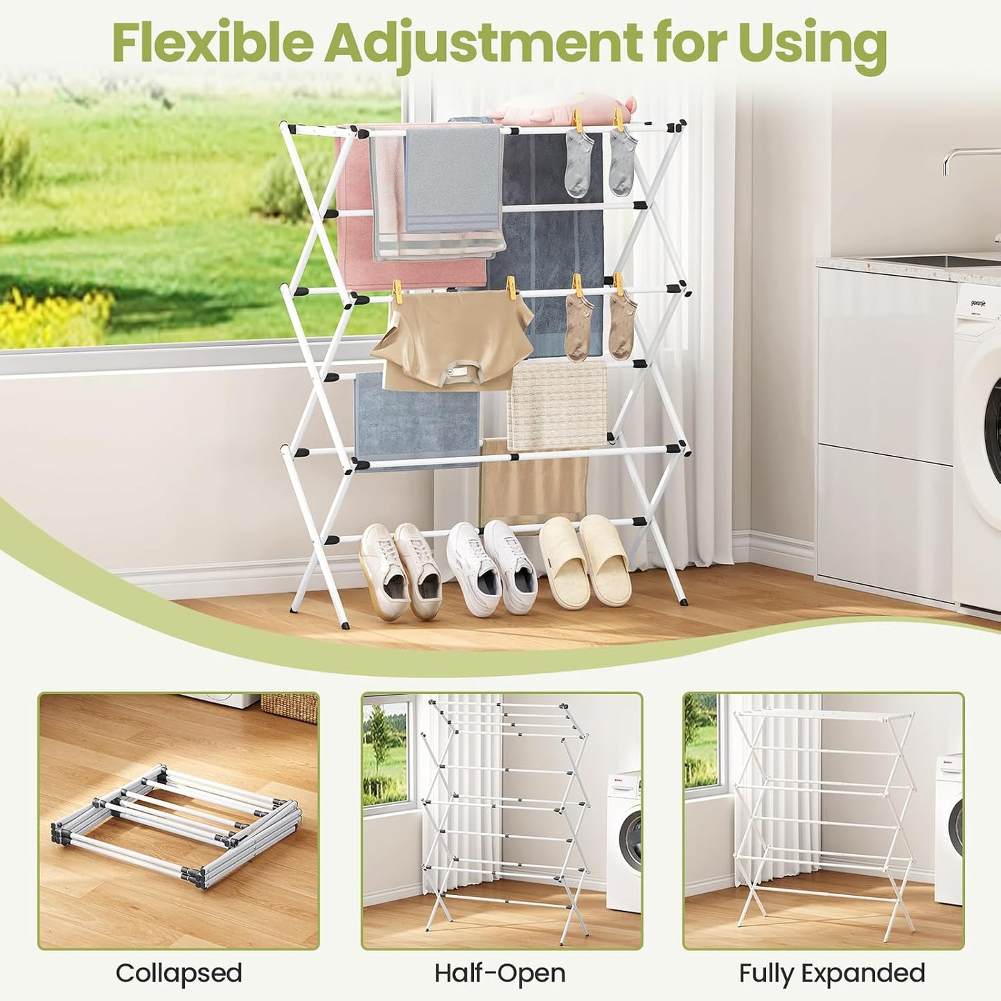 APEXCHASER Extra Large Clothes Drying Rack, Foldable & Extendable Laundry Rack with Adjustable Size (20.87"-35.43" L), Space-Saving, Rust-Resistant Frame for Indoor/Outdoor Use, White