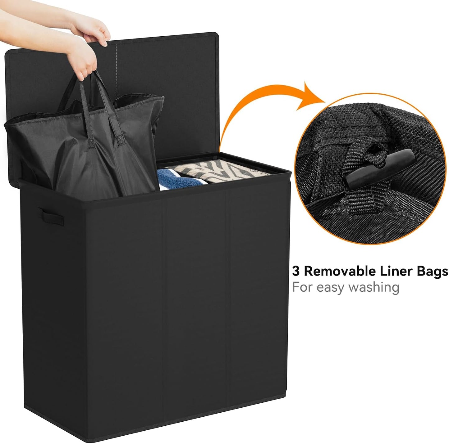 WOWLIVE 180L Laundry Hamper with Lid 3 Section,Large Laundry Basket with Removable Bags and Handles,Collapsible Dirty Clothes Hampers for Laundry,Laundry Basket Organizer for Laundry Room,Dorm,Beige