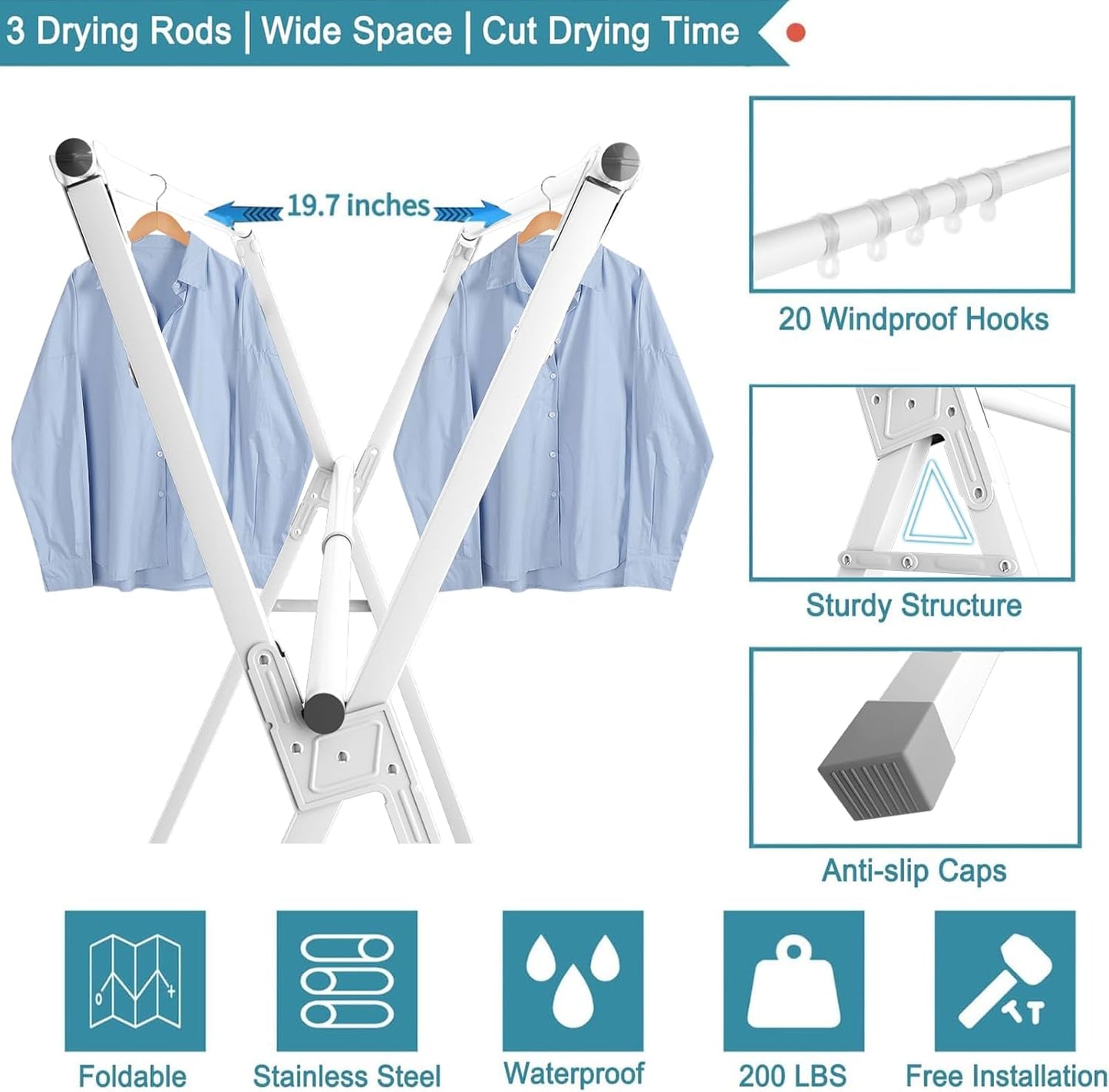 JAUREE 95 Inches Clothes Drying Rack, Drying Rack Clothing Folding Indoor Outdoor, Heavy Duty Stainless Steel Laundry Rack, Foldable Portable Large Clothes Rack Garment Rack with 20 Windproof Hooks