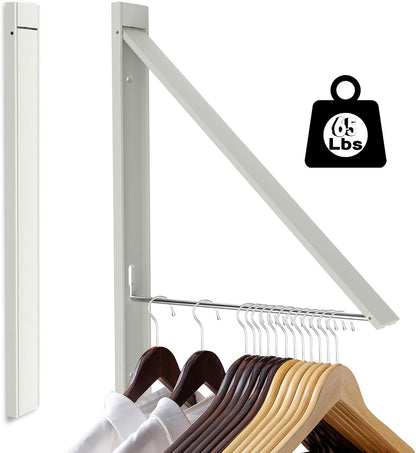 No Drill Wall Mounted Drying Rack 65 lb Aluminum, White | Wall rack folds flat to 0.39 inch. Holds 8-11 shirts. Pearl white finish for apartment, bathroom, RV, dorm.