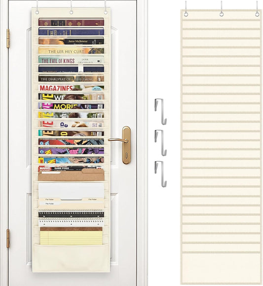 26-Pocket Over The Door File Organizer - Vertical Hanging Storage for Magazines, Documents & Paper, Heavy-Duty Door Organizer for Office, Classroom & Home