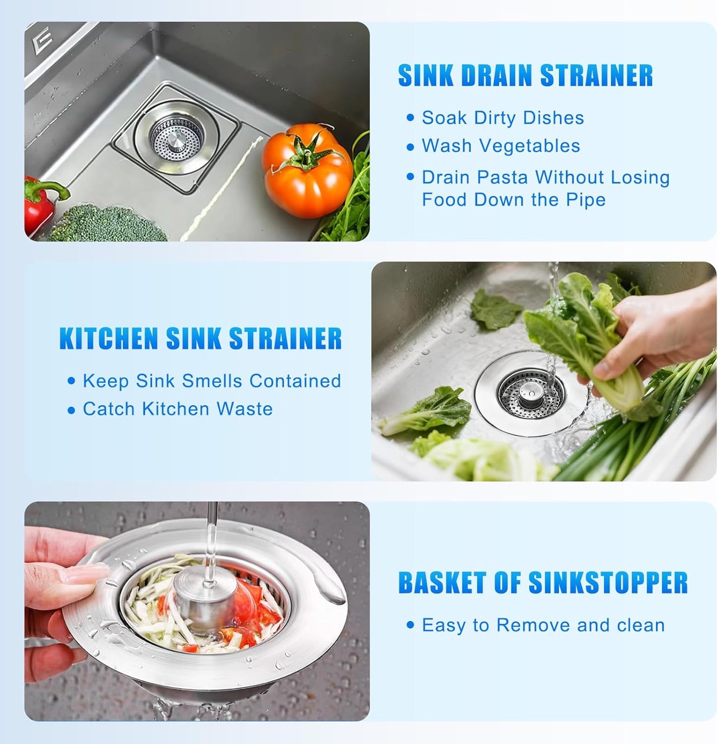 Kitchen Sink Drain Strainer 3-in-1,Pop-Up Stopper & Anti-Clogging Basket - 304 Stainless Steel Sink Strainer Anti-Clogging Sink Drain Strainer for US Standard Kitchen Drain