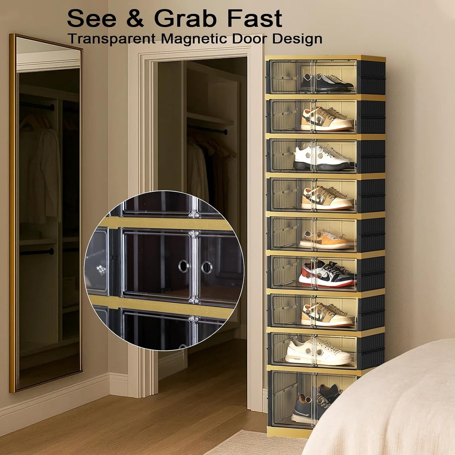 SYNCVIBE Shoe Rack Organizer for Closet Entryway Foldable Sneaker Storage Shoe, Collapsible Shoe Cabinet, Stackable Shoe Storage Cabinet with Lids for Living Room (6 Tiers 24 Pairs)