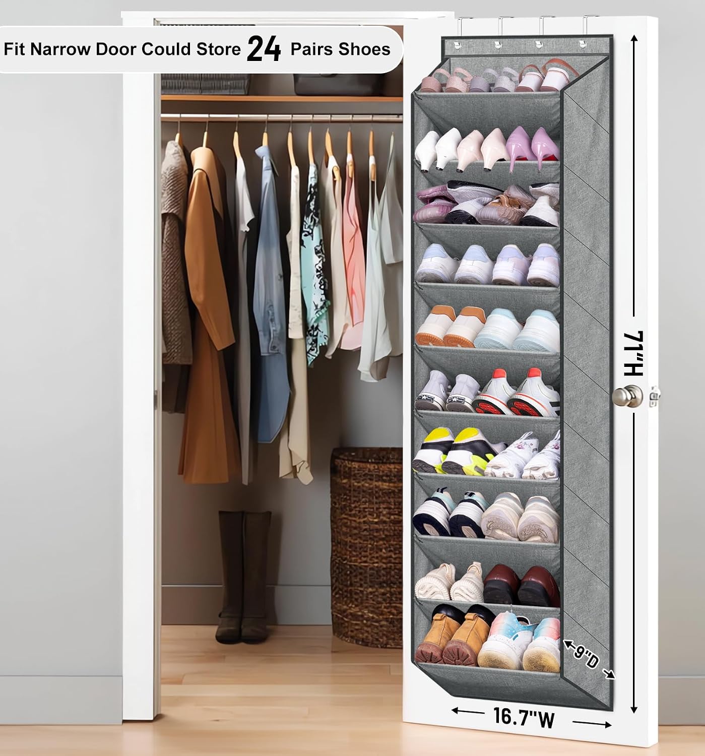 SLEEPING LAMB Over The Door Shoe Organizer for Closet with Large Deep Pockets, Narrow Shoe Rack for Door Hanging Boots Storage, Black