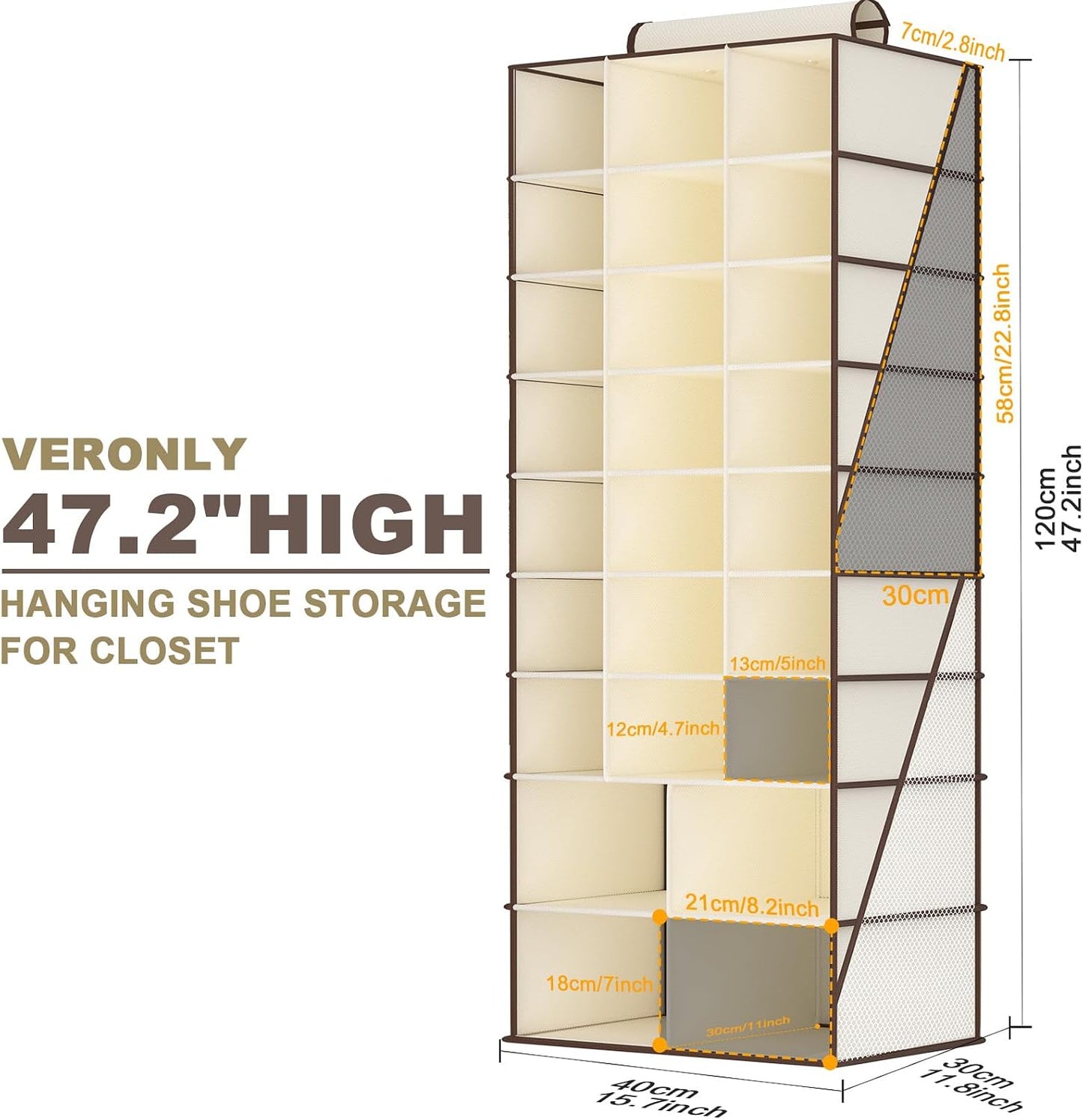 Hanging Shoe Organizer for Closet with 8 Shelves,Mesh Pockets-Wider Hanging Shelves for Shoes,Clothes,Hats with Sturdy Bamboo-Supported Design (Beige)