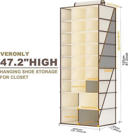 Hanging Shoe Organizer for Closet with 8 Shelves,Mesh Pockets-Wider Hanging Shelves for Shoes,Clothes,Hats with Sturdy Bamboo-Supported Design (Beige)