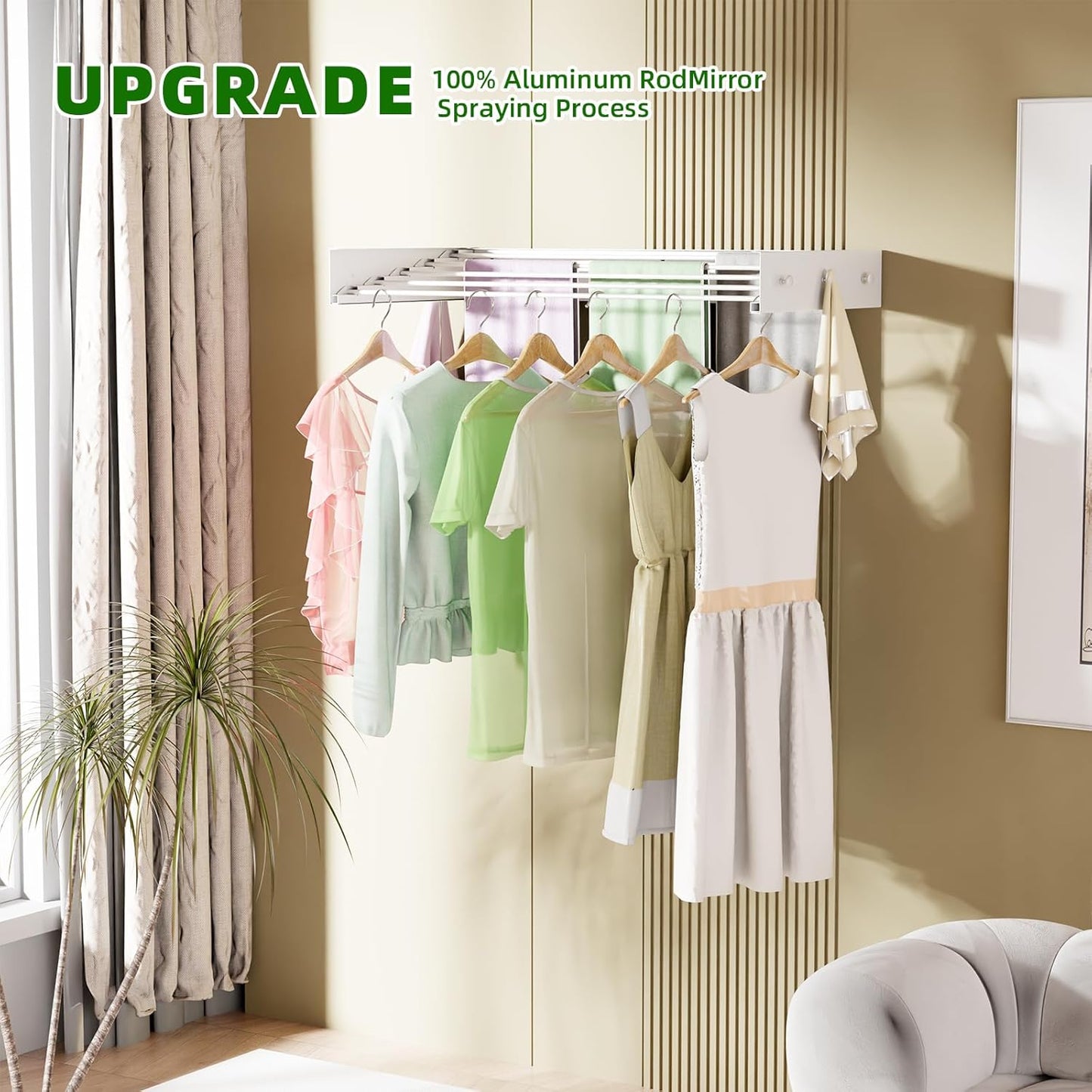 Wall Mounted Drying Rack 23.6'', Foldable Laundry Drying Rack Wall Mount with 4 Towel Hooks and 4 Rods, Space Saving Drying Rack Clothing for Indoor Outdoor Bathroom Balcony (White, 23.6'')