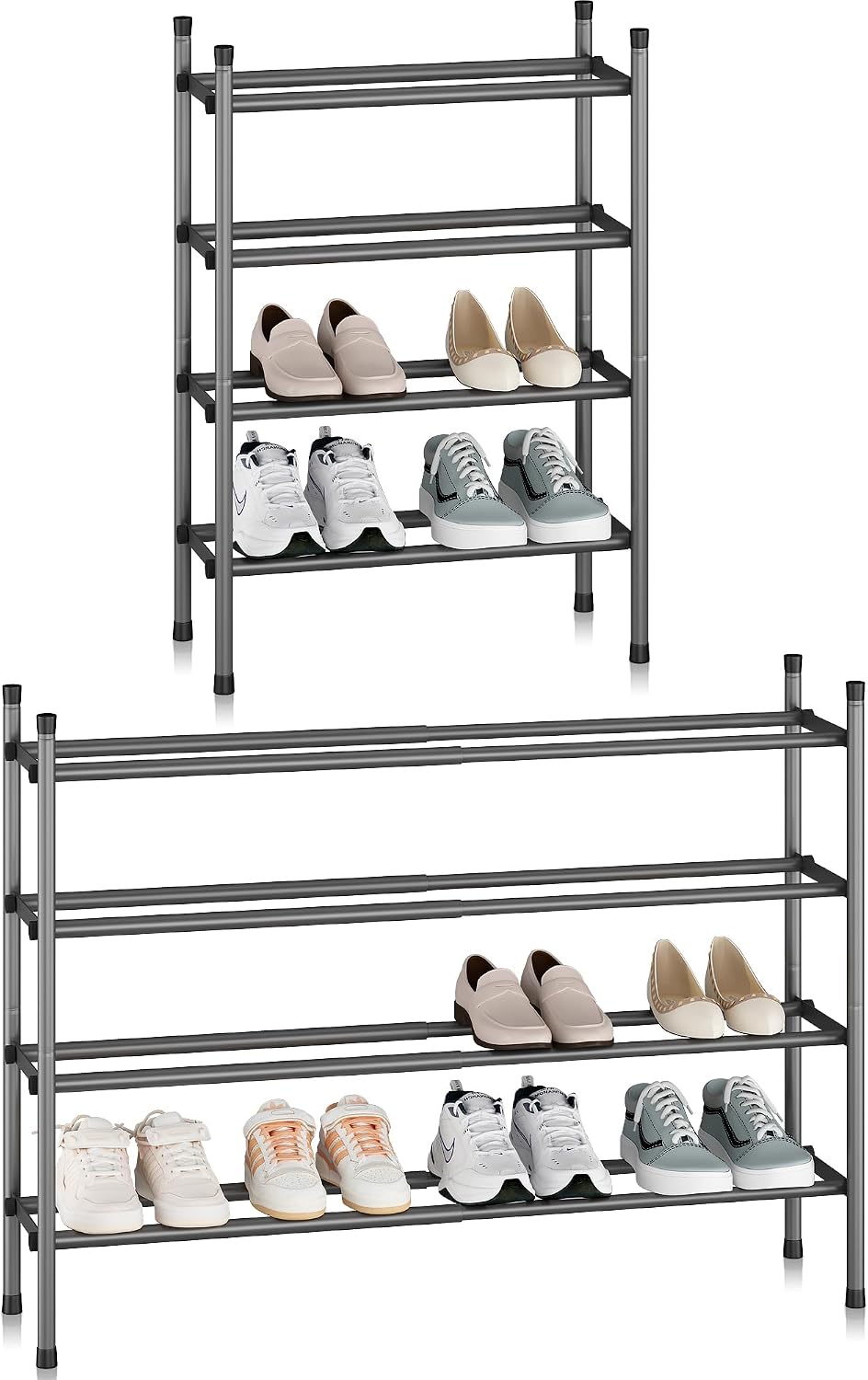 STORAGE MANIAC Expandable Shoe Rack for Closet, 8 Pairs Stackable Small Shoe Rack, Metal Adjustable Shoes Organizer for Entryway, Hallway, Garage, Front Door, Shoes Shelves, Black 2 Tier